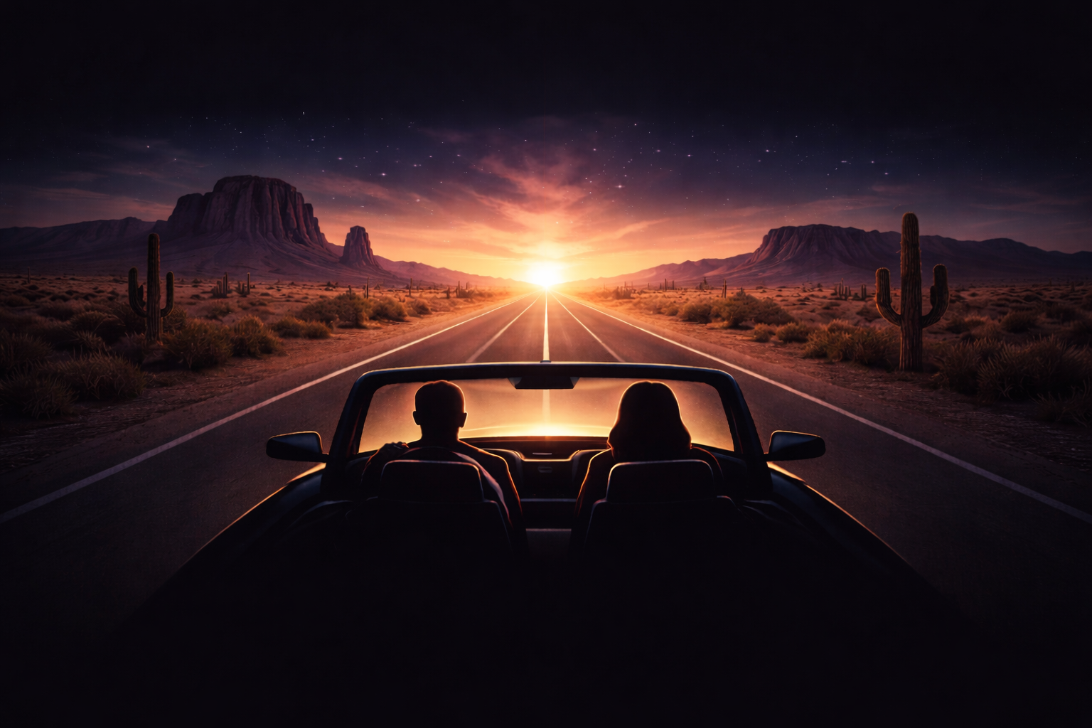 A cinematic road at sunrise through a desert landscape
