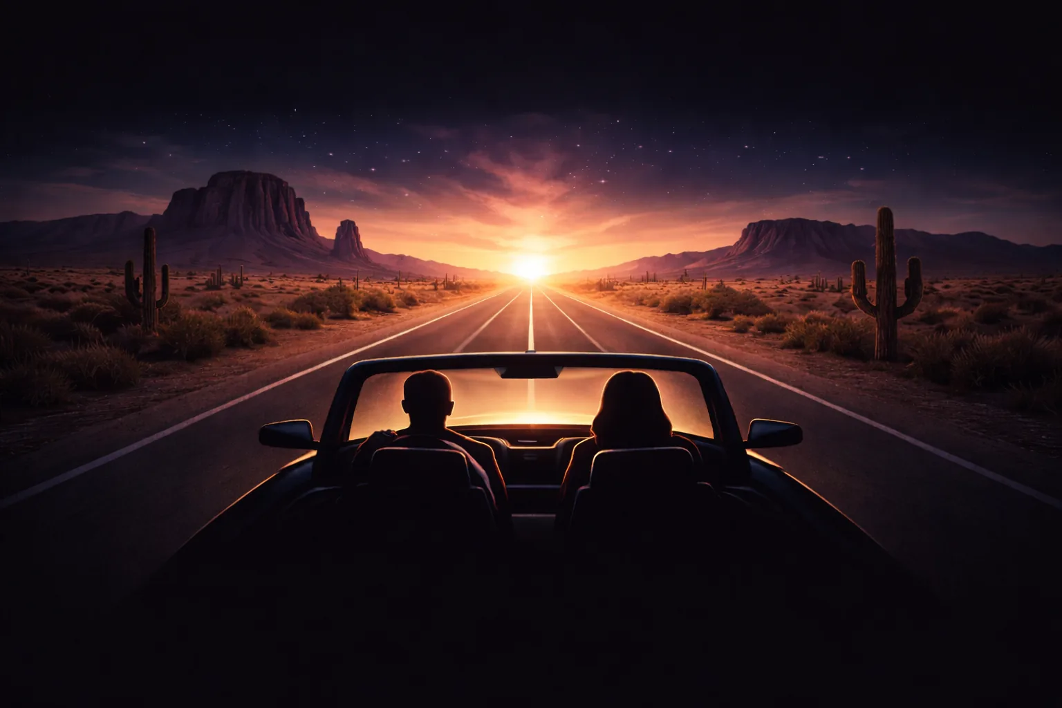 A cinematic road at sunrise through a desert landscape