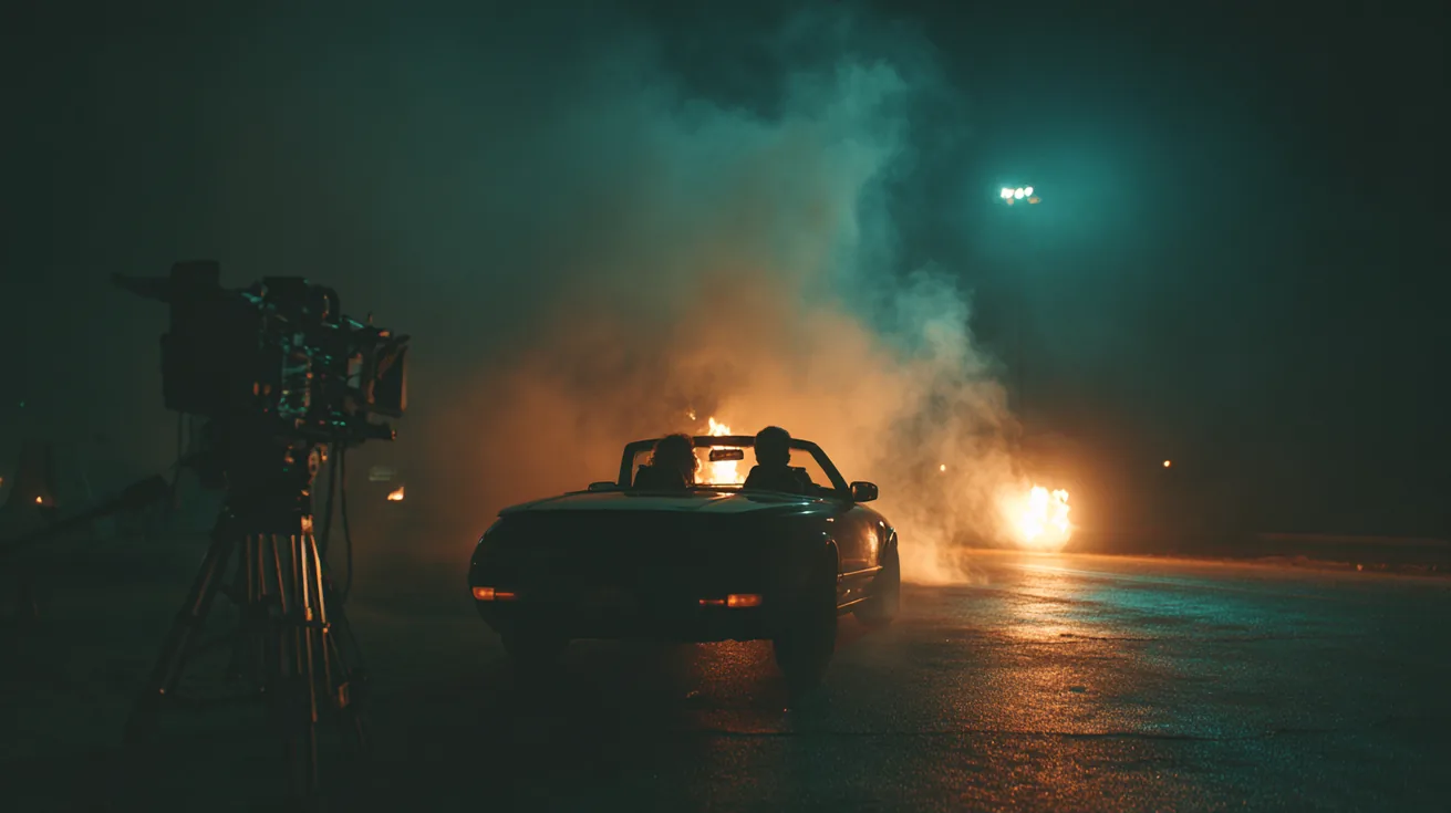 Cinematic car at night with film camera